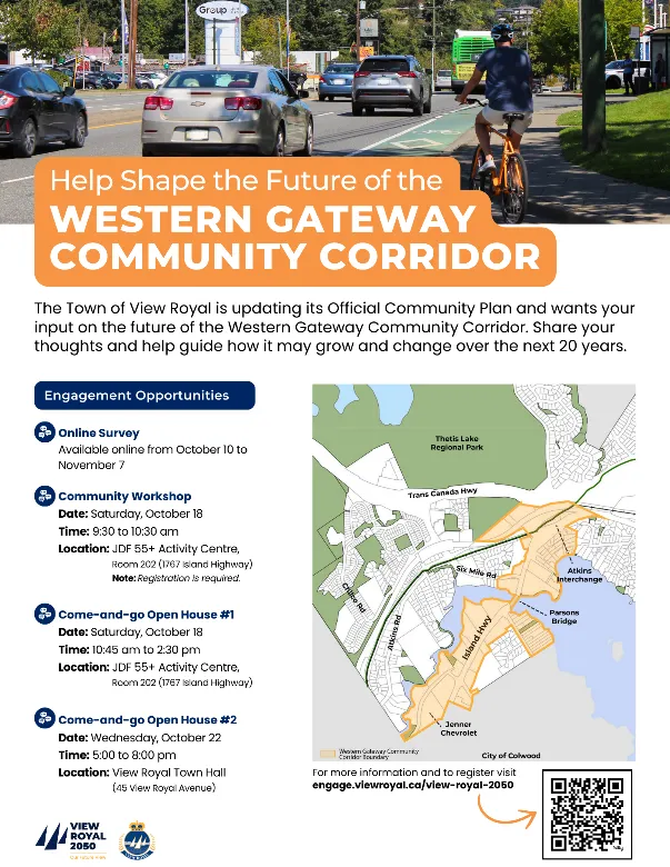 Promotional poster for engagement opportunities including an online survey, community workshop, and open houses, alongside a map of the Western Gateway community corridor boundary
