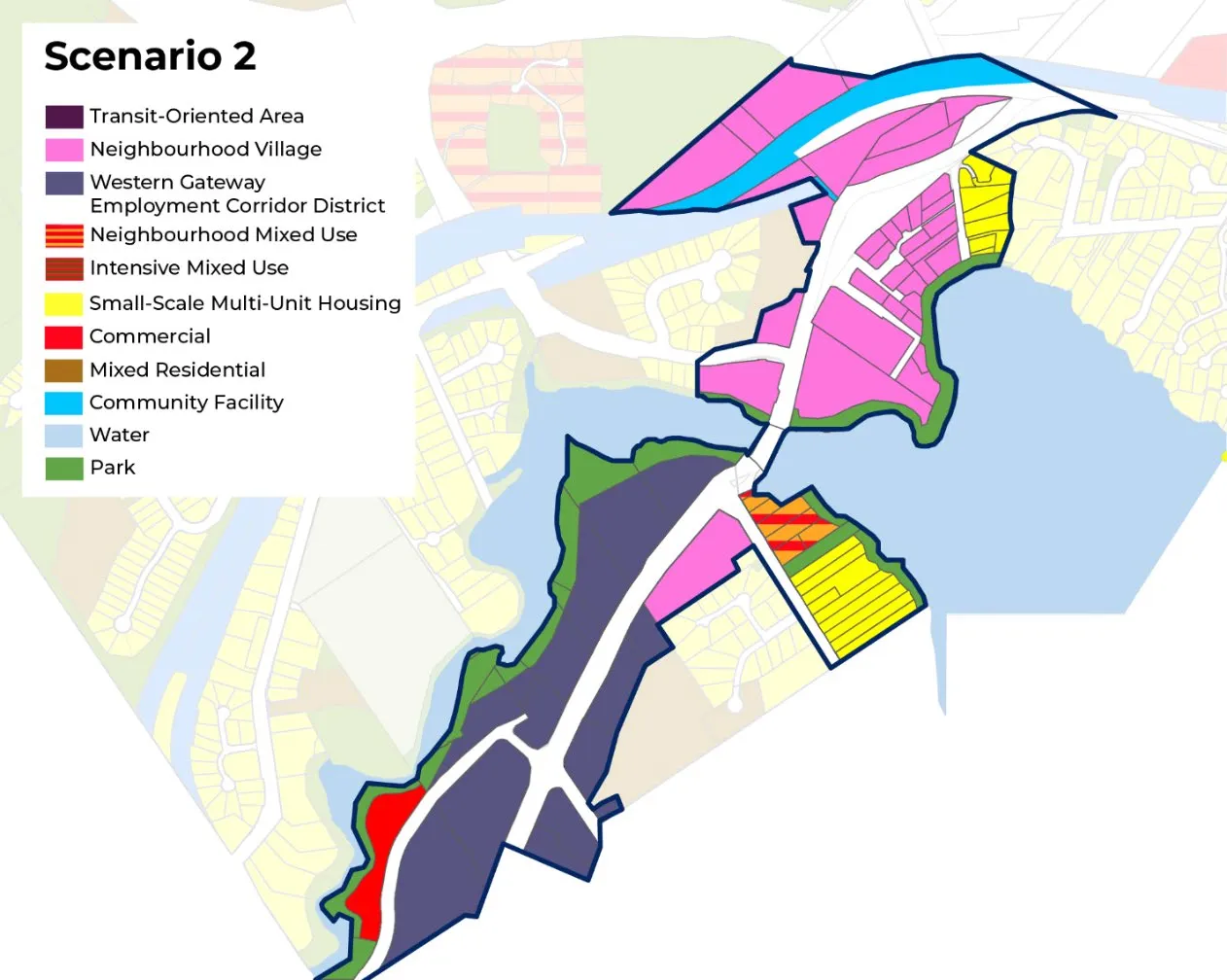 Map of Scenario 2 land use designations, including transit-oriented areas, neighborhood villages, and the employment corridor district