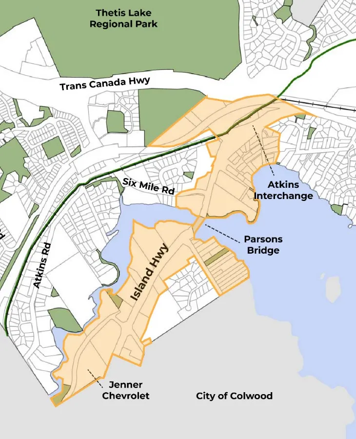 Map identifying the Western Gateway area and its proximity to features like Thetis Lake Regional Park, Island Highway, and the Atkins Interchange