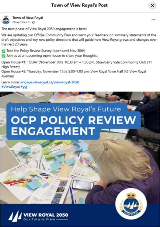 Screenshot of a social media post from the Town of View Royal promoting the OCP Policy Review Engagement