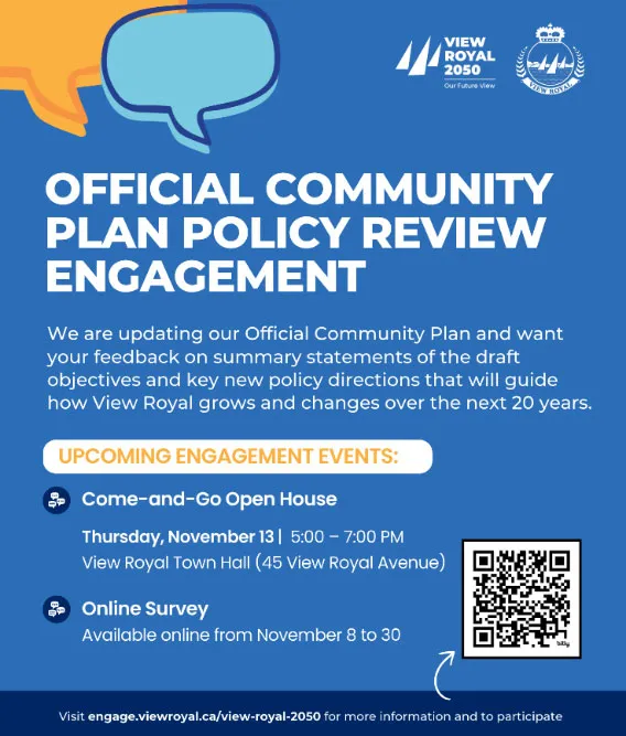 Newspaper advertisement for the Official Community Plan Policy Review Engagement, including details for the open house and online survey