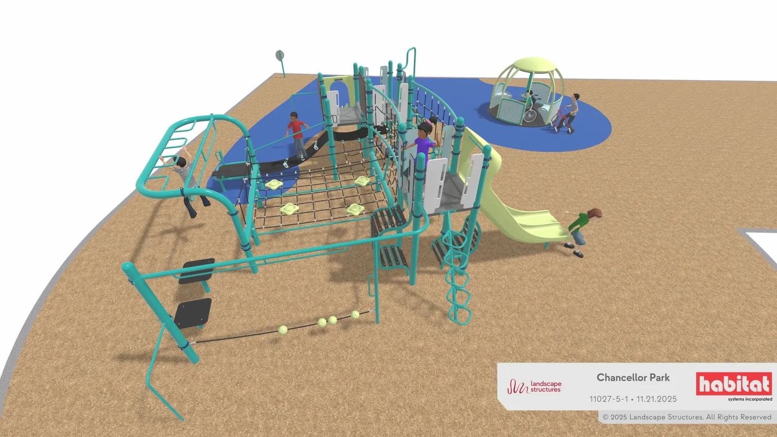 Playground Option #1 Rendering showing the back of the park facing the Galloping Goose Trail