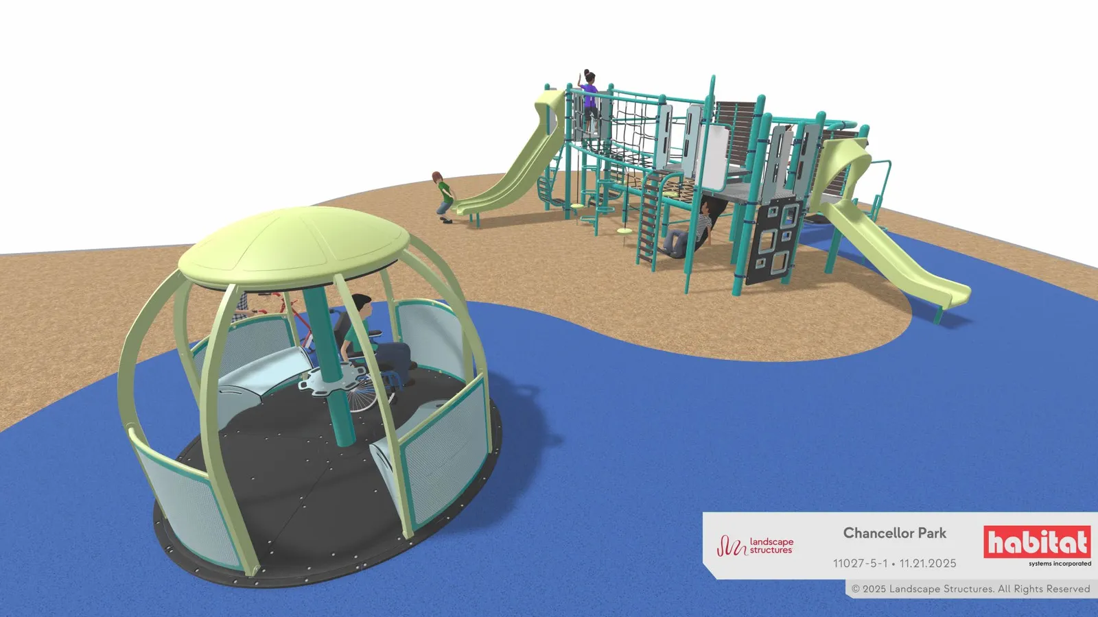 Rendering of Option 1 playground equipment from the back of the park, showing the "Existing Asphalt Court" and "Galloping Goose Trail" labels