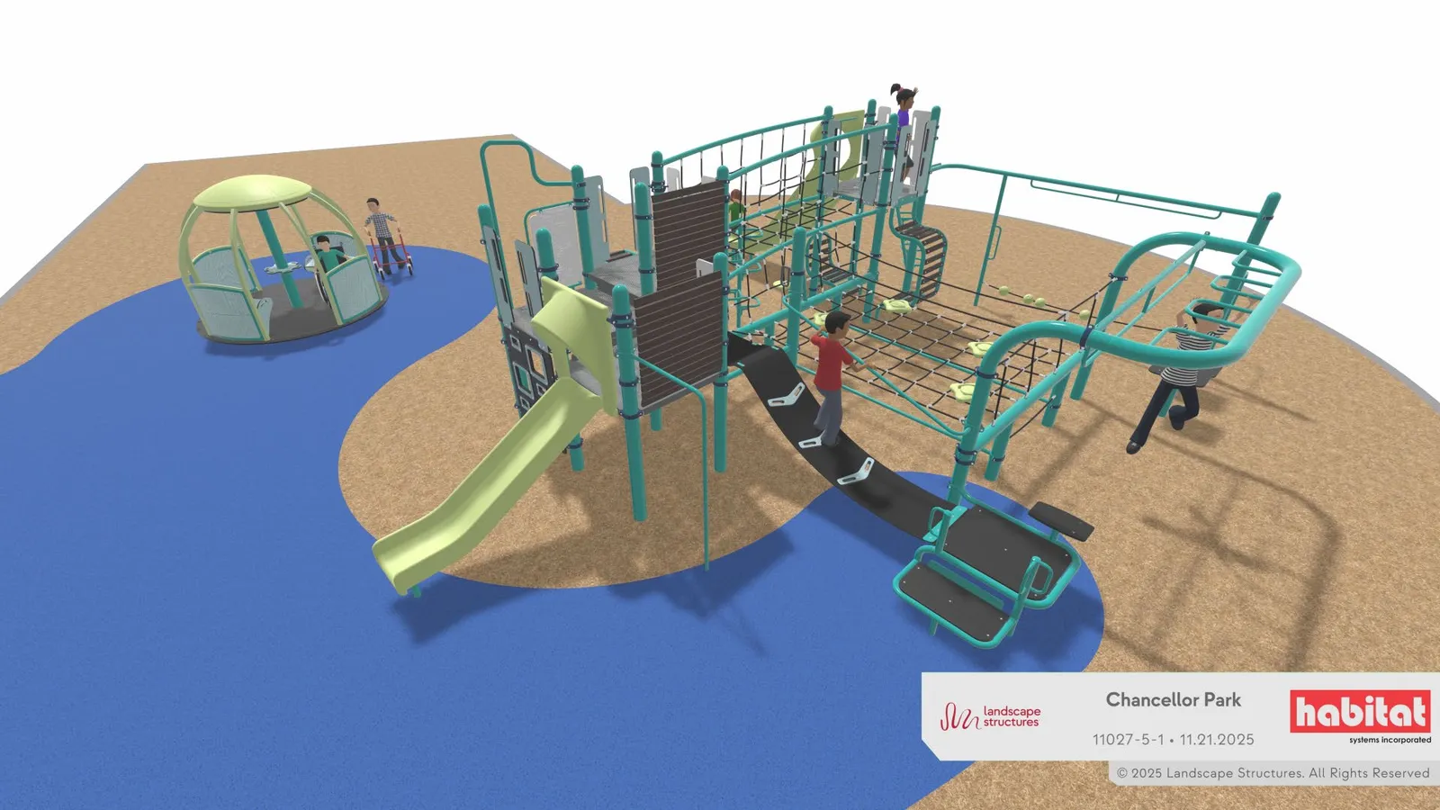 Rendering of Option 1 playground equipment and surfacing from the perspective of the Galloping Goose Trail