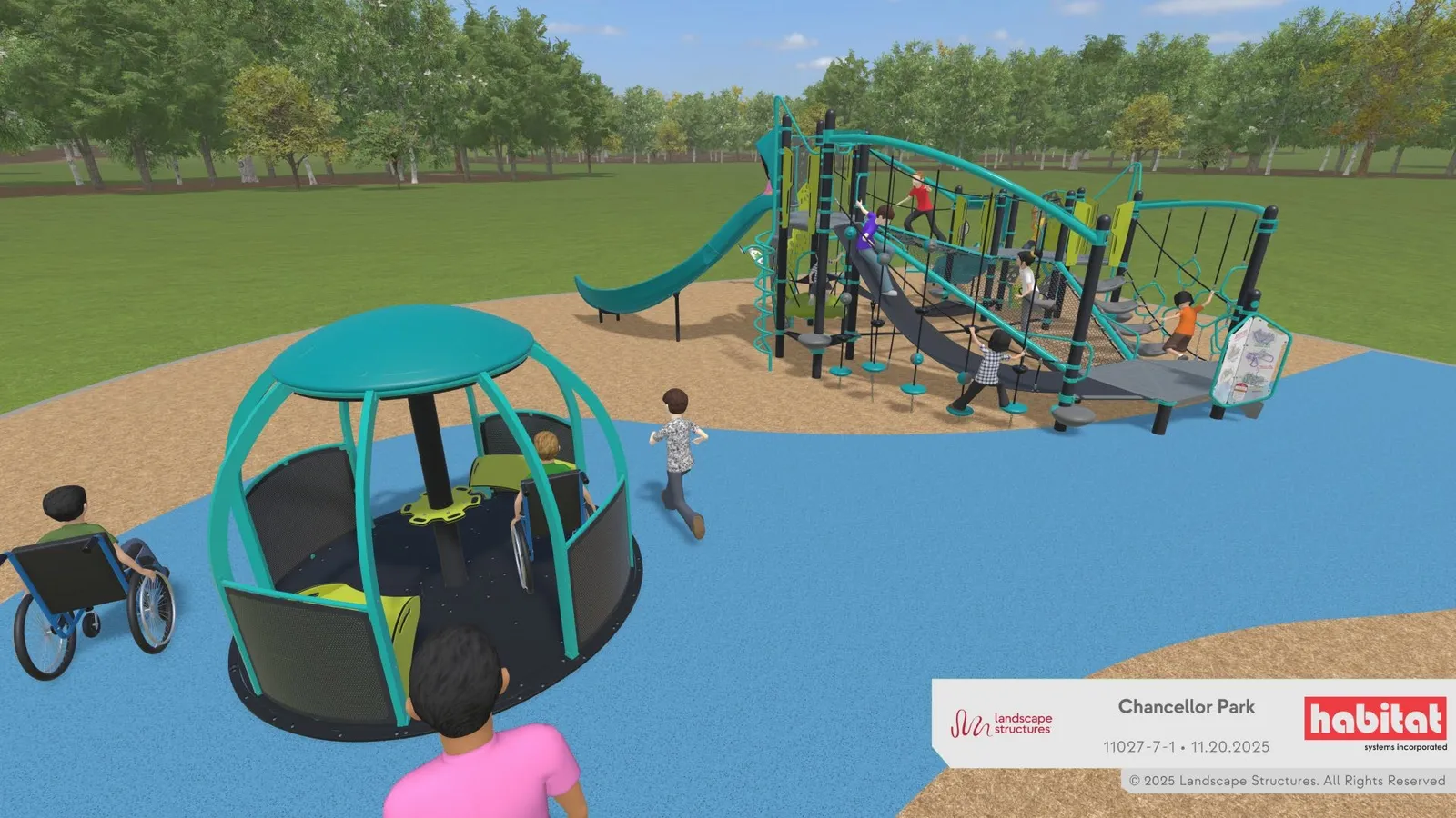 Model rendering of the "Treetops Structure" playground equipment