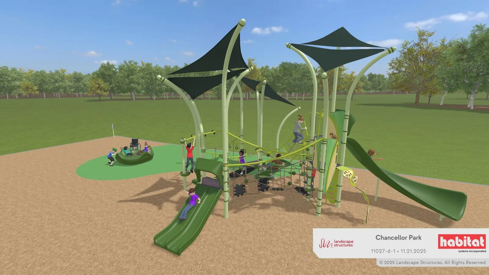 Rendering of Option 2(a) playground equipment from the back of the park showing "GALLOPING GOOSE TRAIL" labels