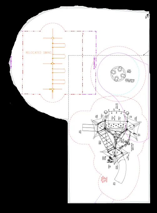 Aerial satellite map overlay showing the site layout for Option 2(a) with callouts for "EXISTING SWINGS RELOCATED", "PLAYGROUND STRUCTURE ‘TREETOPS’", and "‘OMNI-SPINNER’"