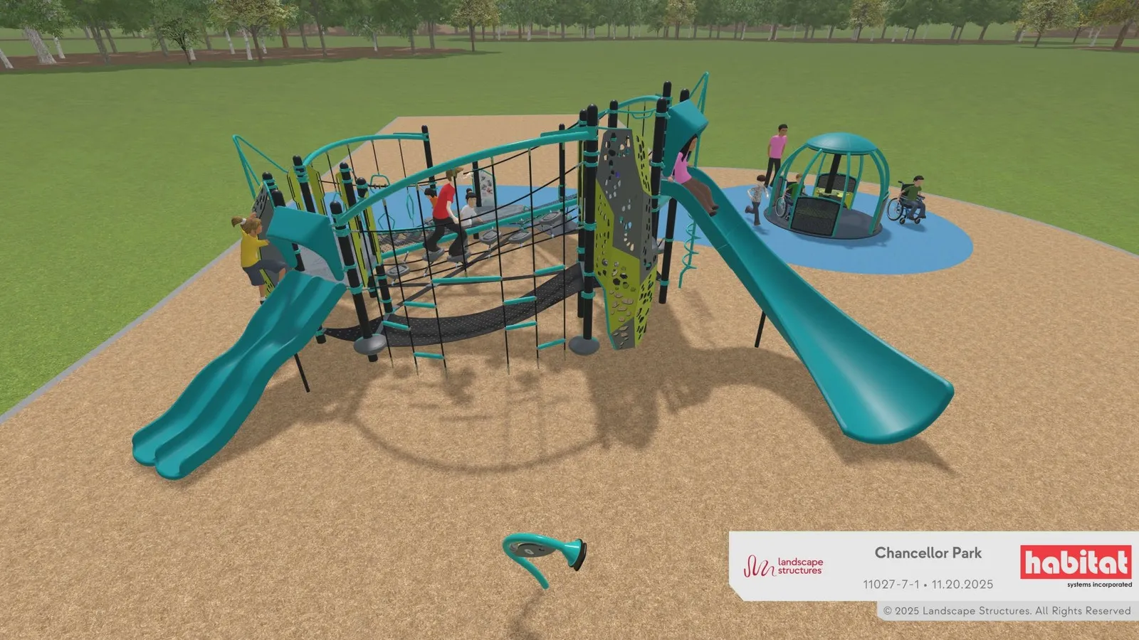 Aerial satellite map overlay showing the site layout for Option 3 with callouts for "EXISTING SWINGS REMAIN", "PLAYGROUND STRUCTURE ‘VOLO’", and "‘WE-GO-ROUND’"