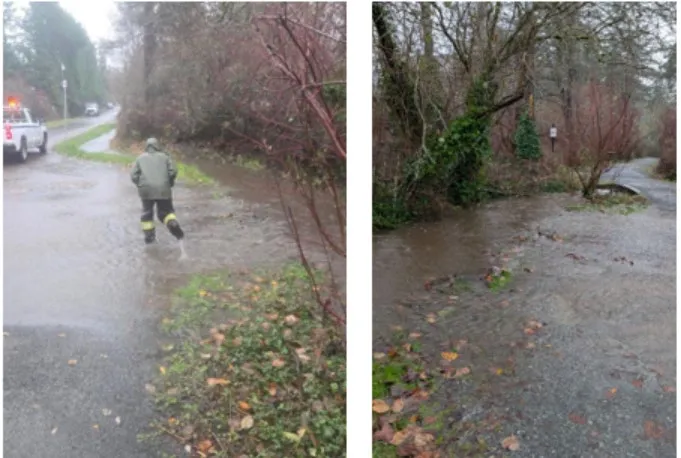Two photos showing surcharging flows and a road closure at Little Road