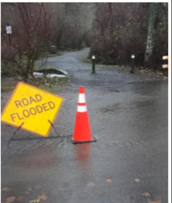 Road flooded sign and cone at Little Road