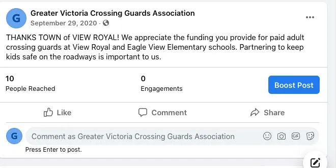 Facebook post from Greater Victoria Crossing Guards Association thanking the Town of View Royal for funding crossing guards.