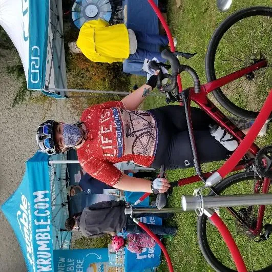 A participant at North Park Bike Shop during the Sticker Challenge