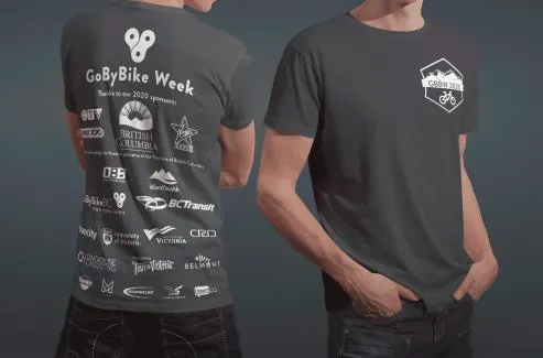 Digital rendering of the front and back of the official 2020 Go by Bike Week t-shirt