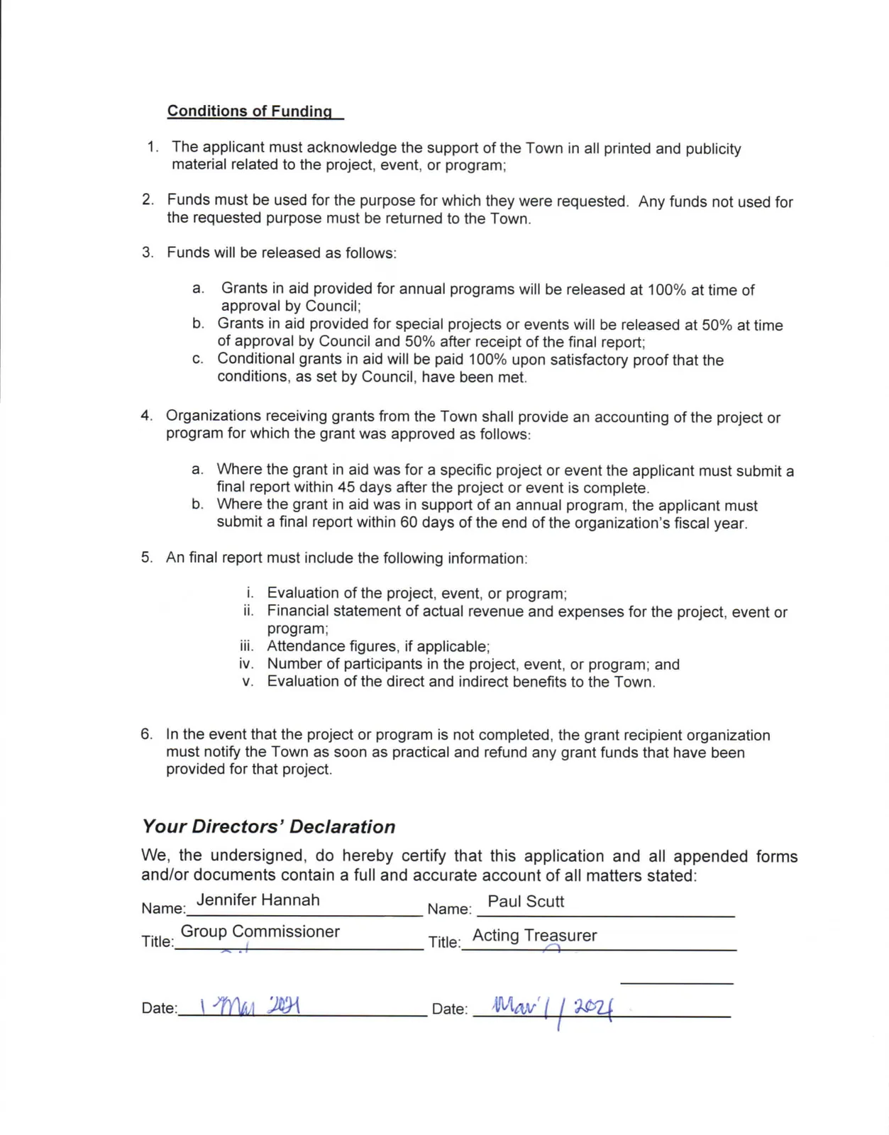 Conditions of Funding and Directors' Declaration