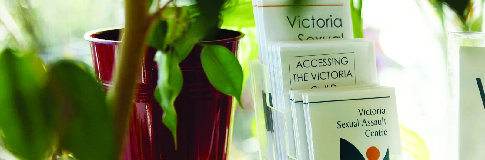 Pamphlet holder containing "Accessing the Victoria Sexual Assault Centre" brochures