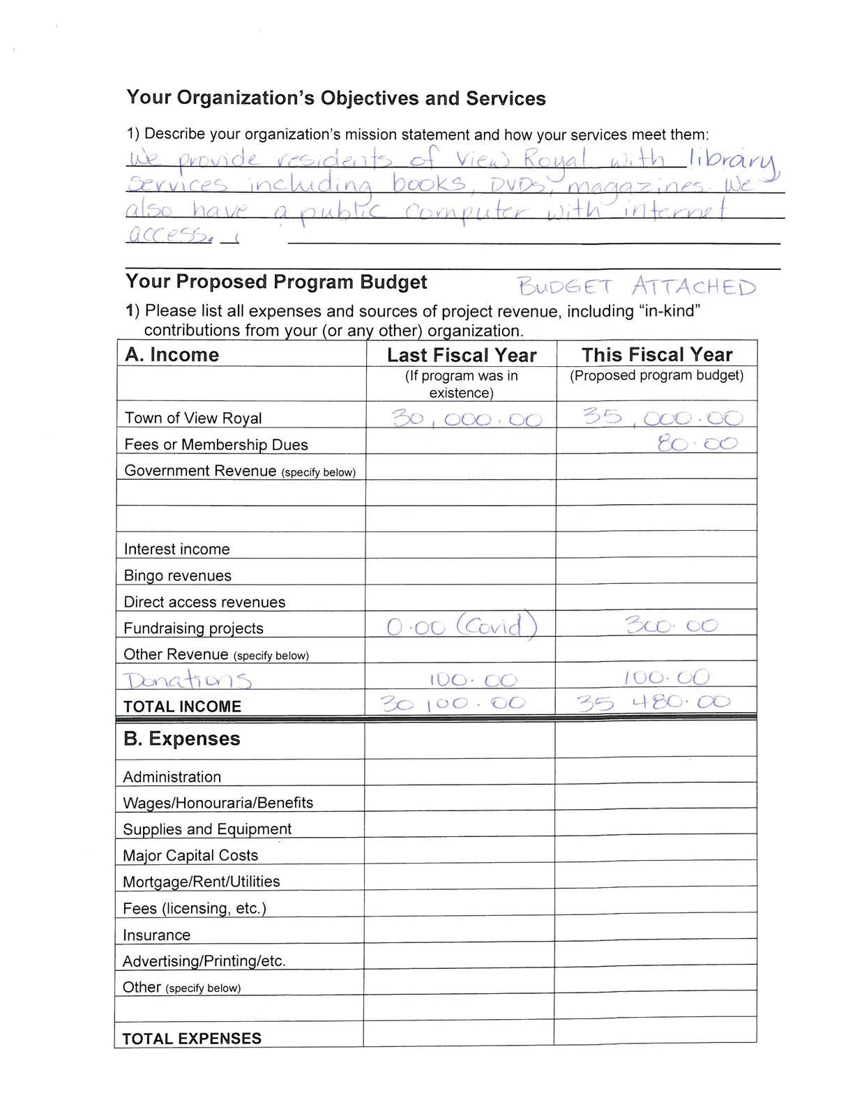 Your Organization’s Objectives and Services and Your Proposed Program Budget form