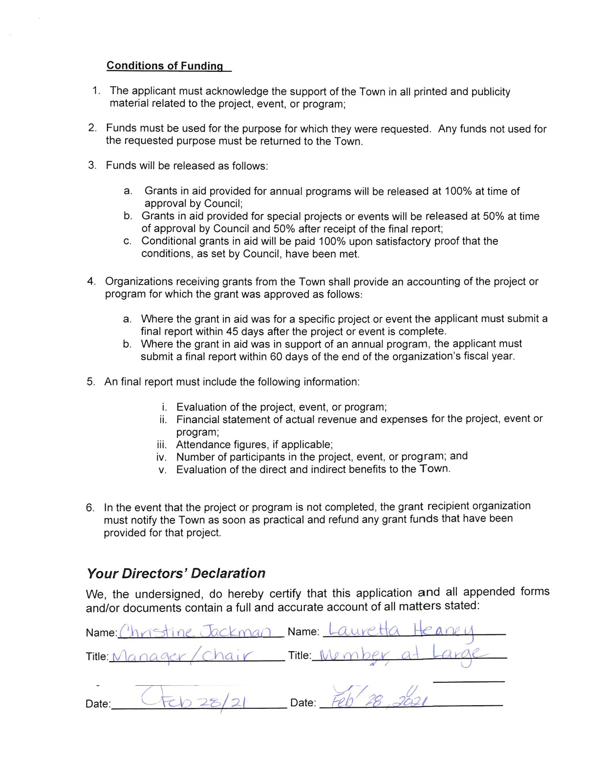 Conditions of Funding and Your Directors’ Declaration form