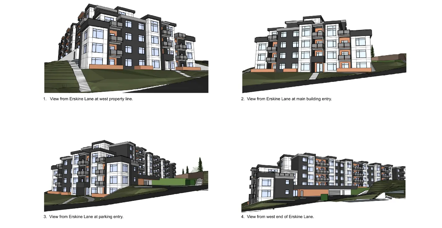 Four architectural renderings showing views of the building from Erskine Lane at the west property line, main building entry, parking entry, and the west end of Erskine Lane