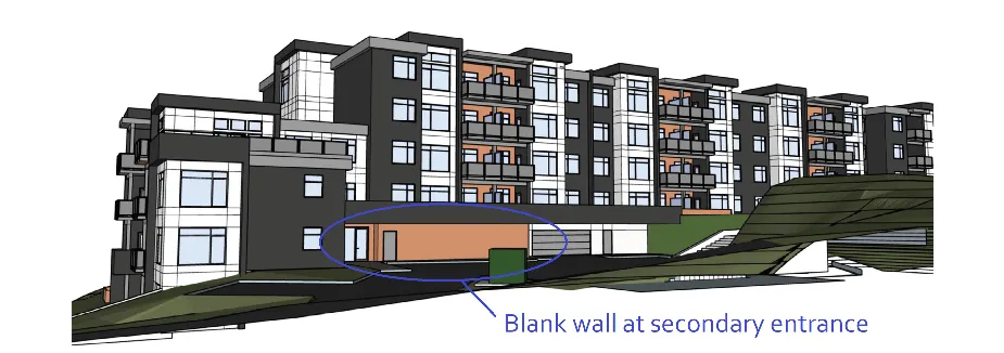 Building rendering highlighting the blank wall at the secondary entrance