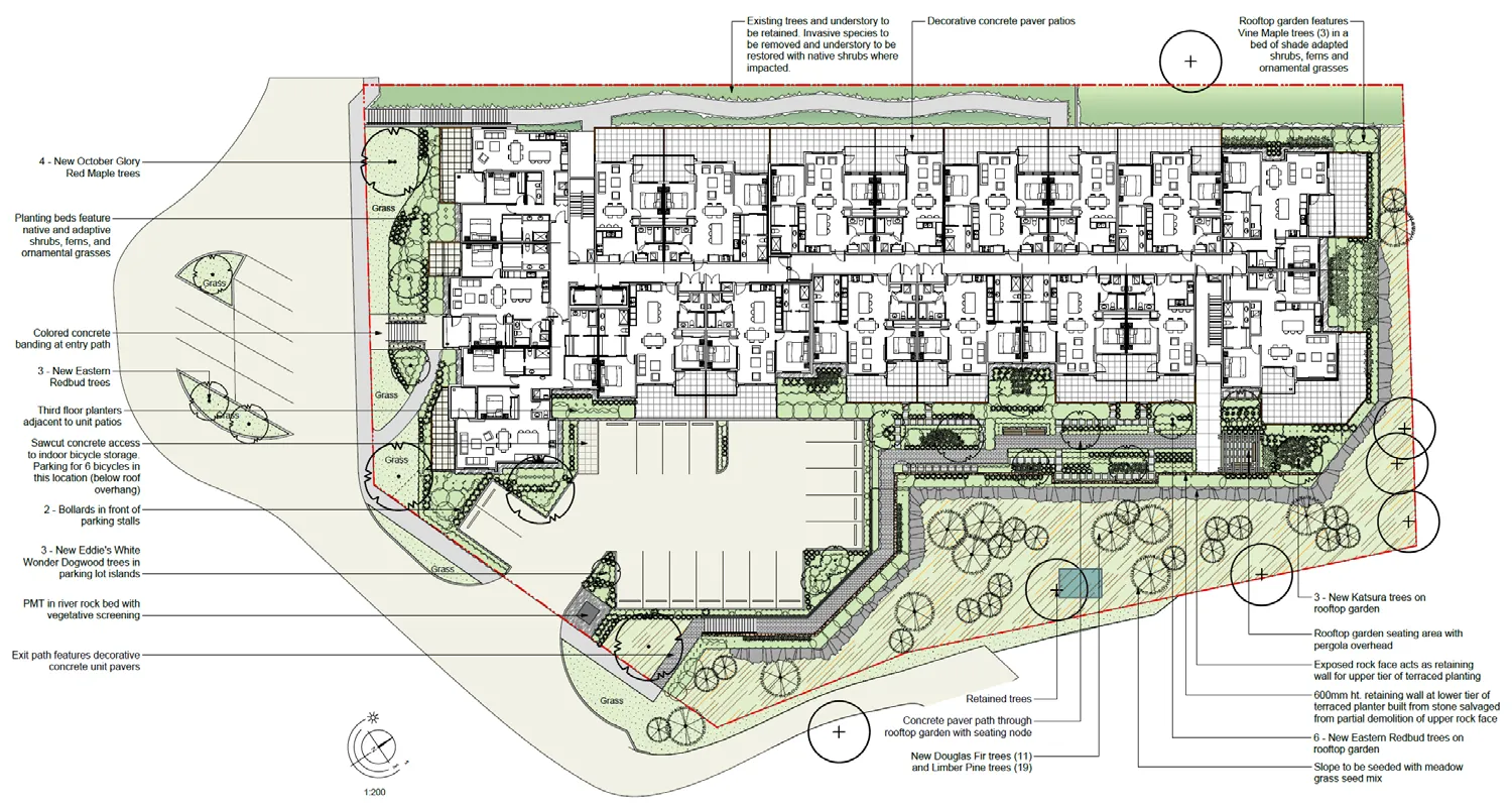 Detailed landscape plan showing the extent of underground parking, planting beds, and various tree species