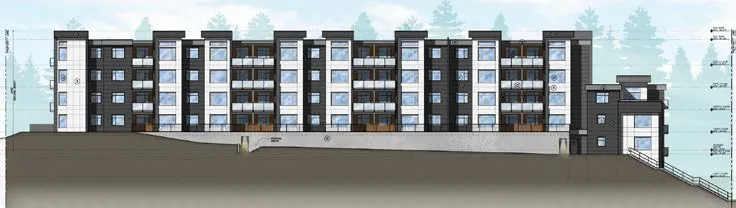 West elevation rendering showing the building and ground level treatment