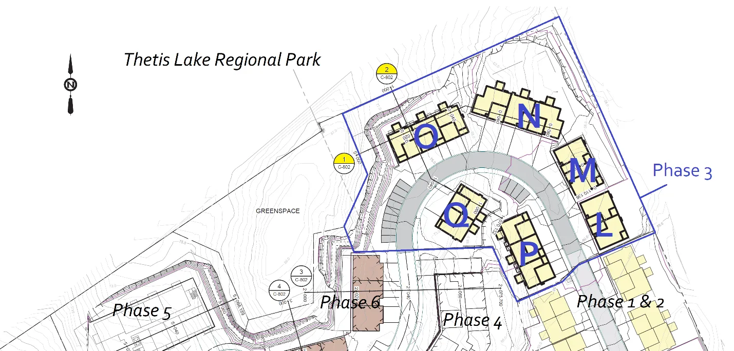 Plan view map of Phase 3 highlighting building blocks L, M, N, O, P, and Q
