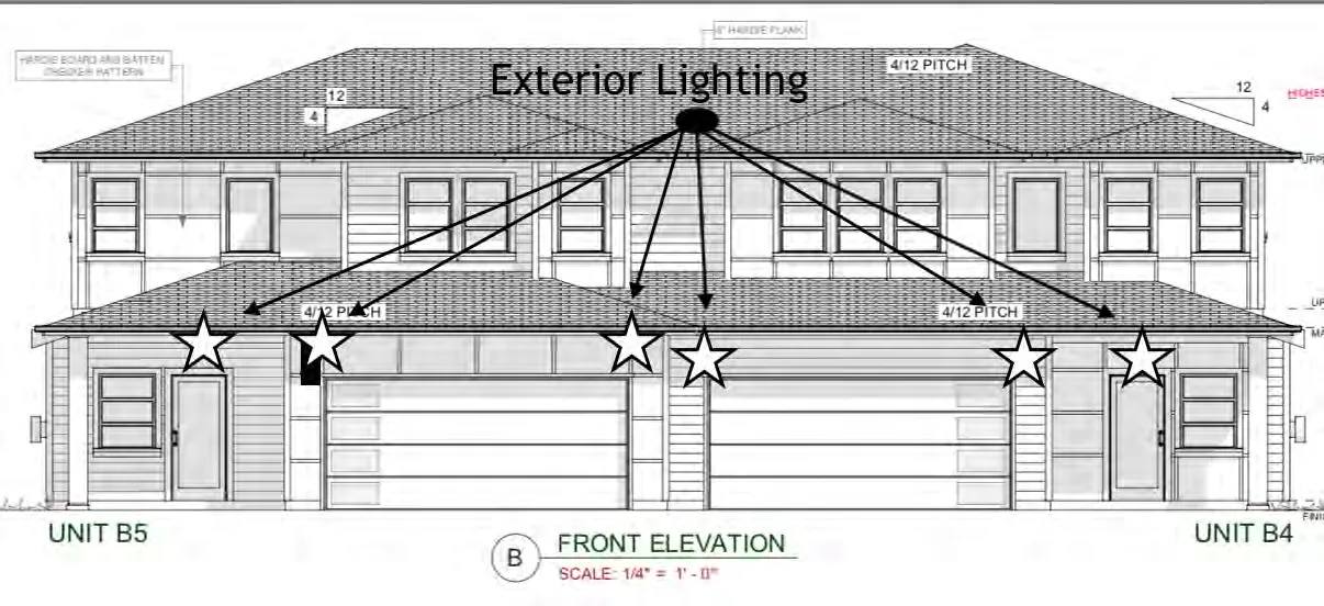 Front elevation diagram for Unit B5 and B4 indicating exterior lighting locations with star markers