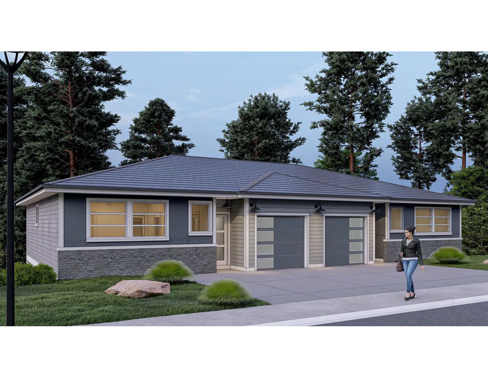 Architectural rendering of a single-story multi-unit residential building with grey siding, stone veneer accents, and two separate garage doors.