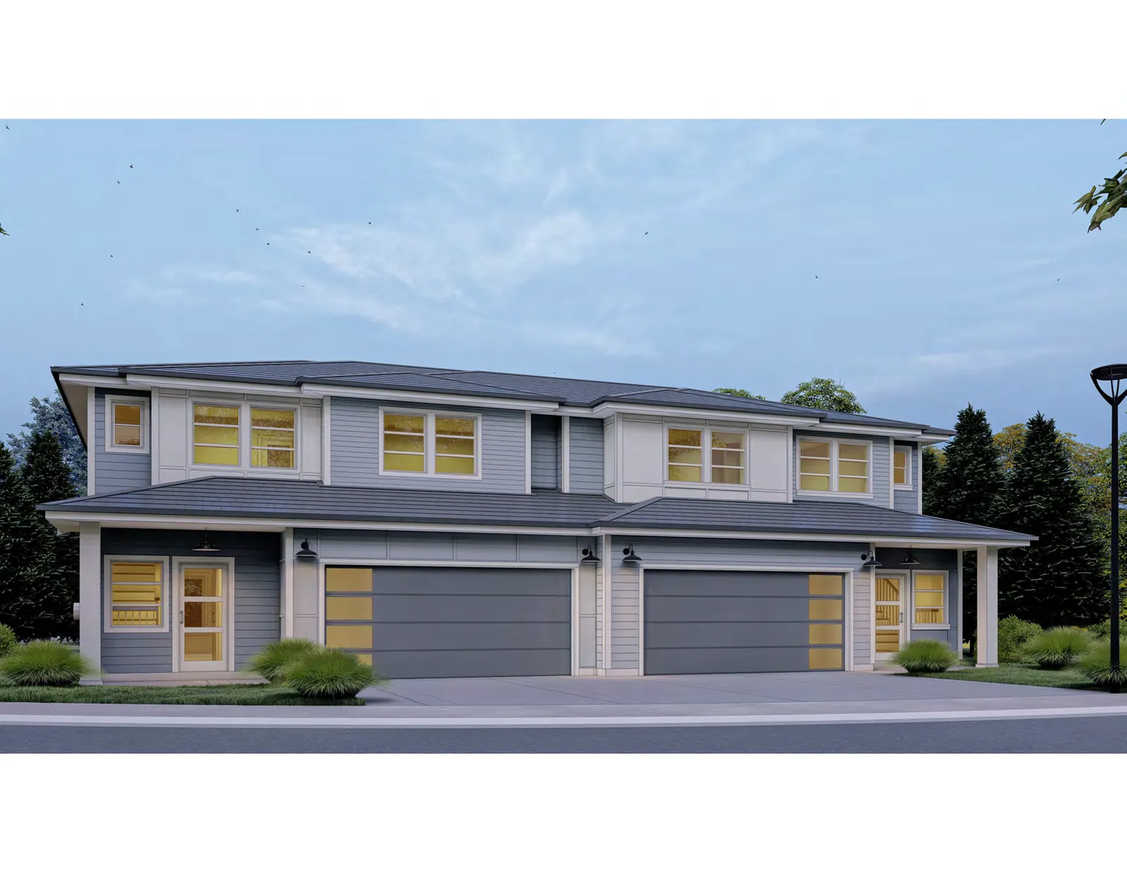 Architectural rendering of a two-story multi-unit residential building with blue-grey siding and two large garage doors.