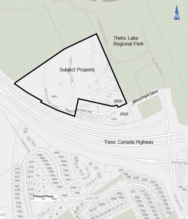 Site map showing the Subject Property at 1950 West Park Lane relative to Thetis Lake Regional Park and the Trans Canada Highway