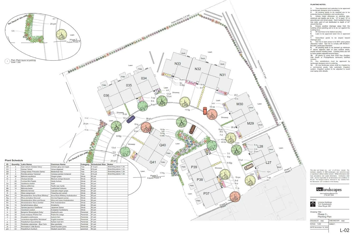 Detailed Phase 3 Planting Plan including a plant schedule and planting notes