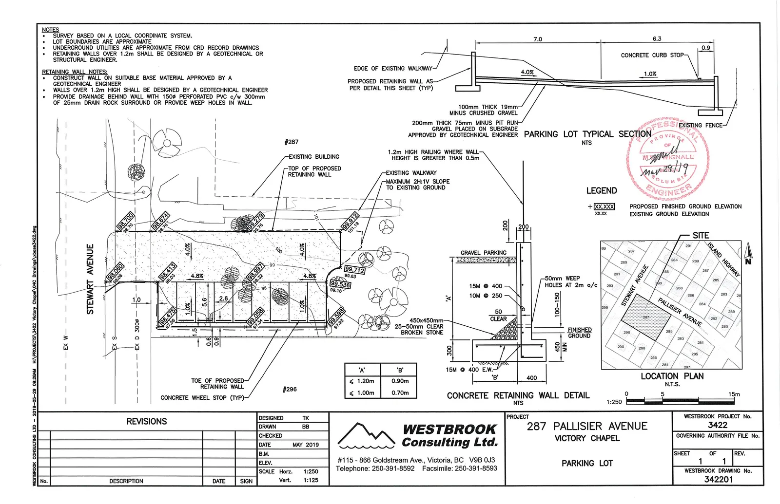 Parking lot typical section diagram showing layers of 100mm thick 19mm- minus crushed gravel and 200mm thick 75mm minus pit run gravel, with 4.0% and 1.0% slopes, and concrete curb stop details.