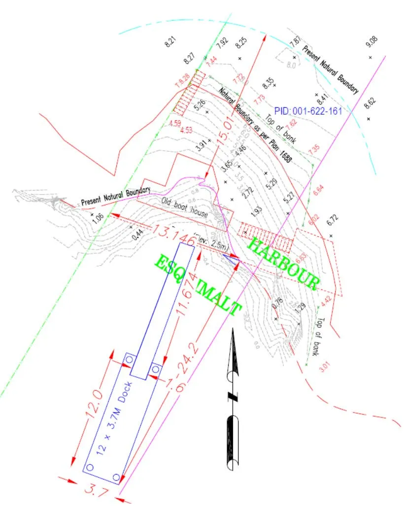 Site plan of 275 Kerwood St showing proposed dock, shoreline, and property boundaries