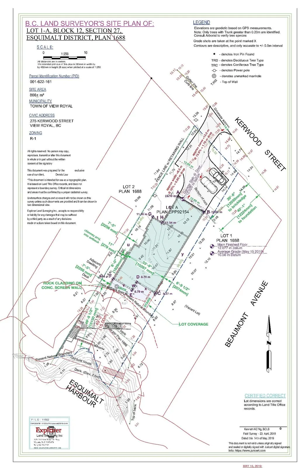 Detailed site plan for 275 Kerwood Street, showing Lot 1-A, existing structures, setbacks, topographical contours, and proximity to Esquimalt Harbour.
