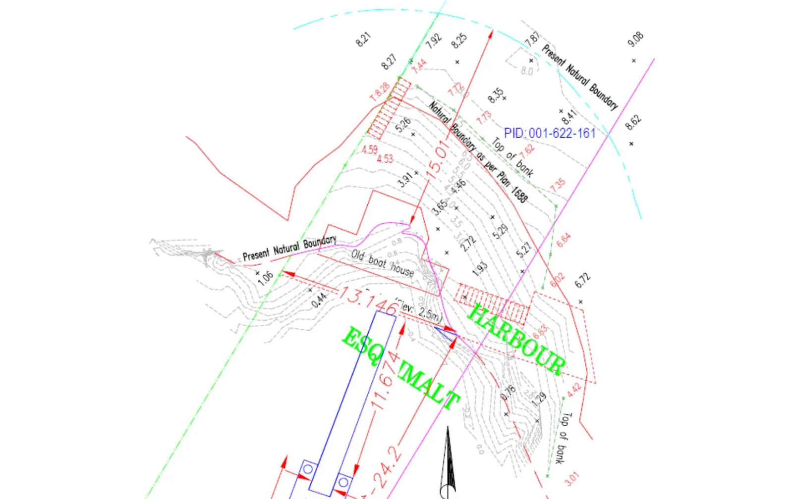 Upper portion of a site survey plan showing property lines, topography, and the "Present Natural Boundary" near Esquimalt Harbour.