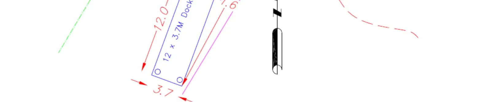 Lower portion of the site survey plan detailing the dimensions and placement of the proposed 12m x 3.7m dock.