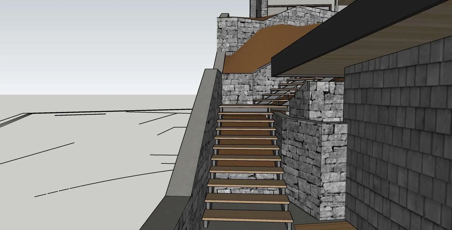 3D architectural rendering of a wooden and metal staircase alongside stone walls