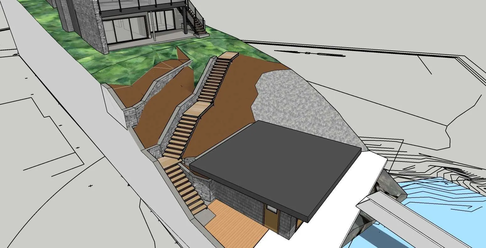 Perspective 3D rendering of the property showing landscaping, stairs, and a waterfront building