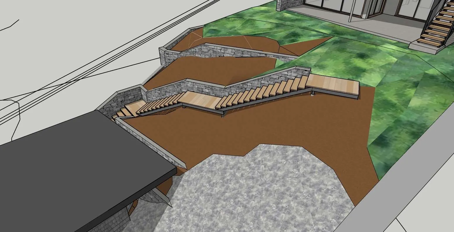 Detail 3D rendering of terraced landscaping and wooden stairs with stone retaining walls