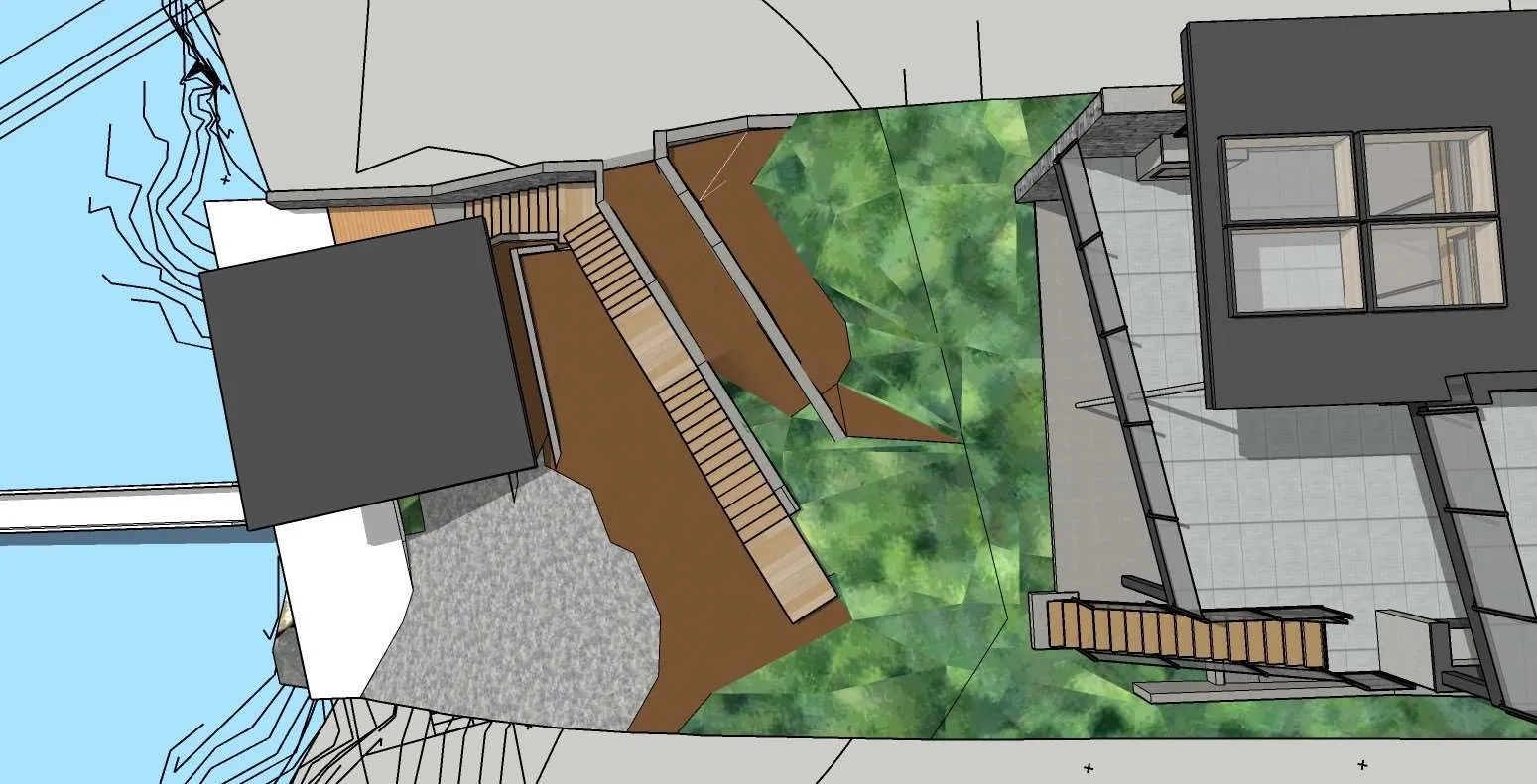 Top-down 3D site plan rendering of the house and landscaped grounds