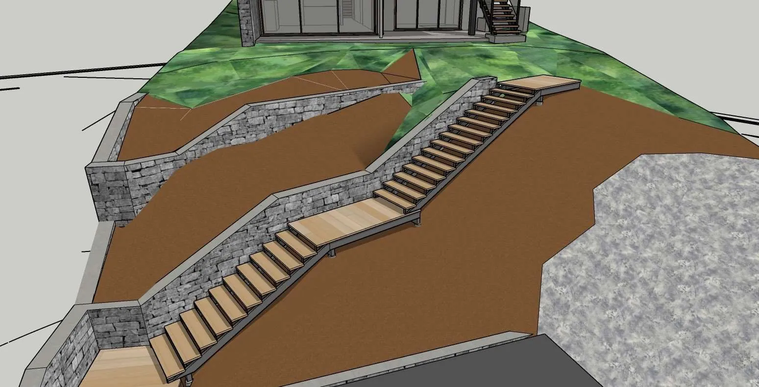 3D rendering of a wooden staircase descending a landscaped slope