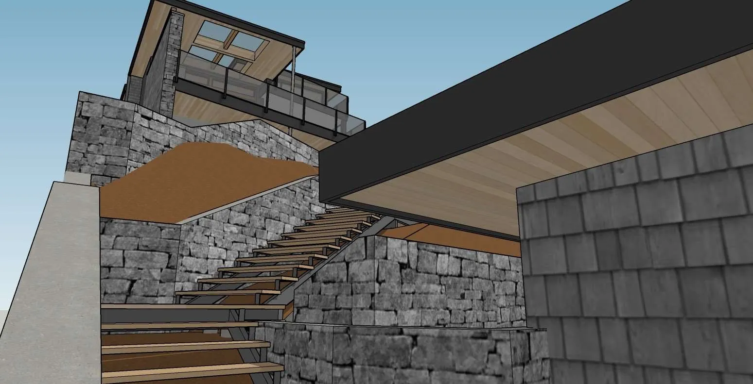 Low-angle 3D rendering looking up towards the main residence from the staircase