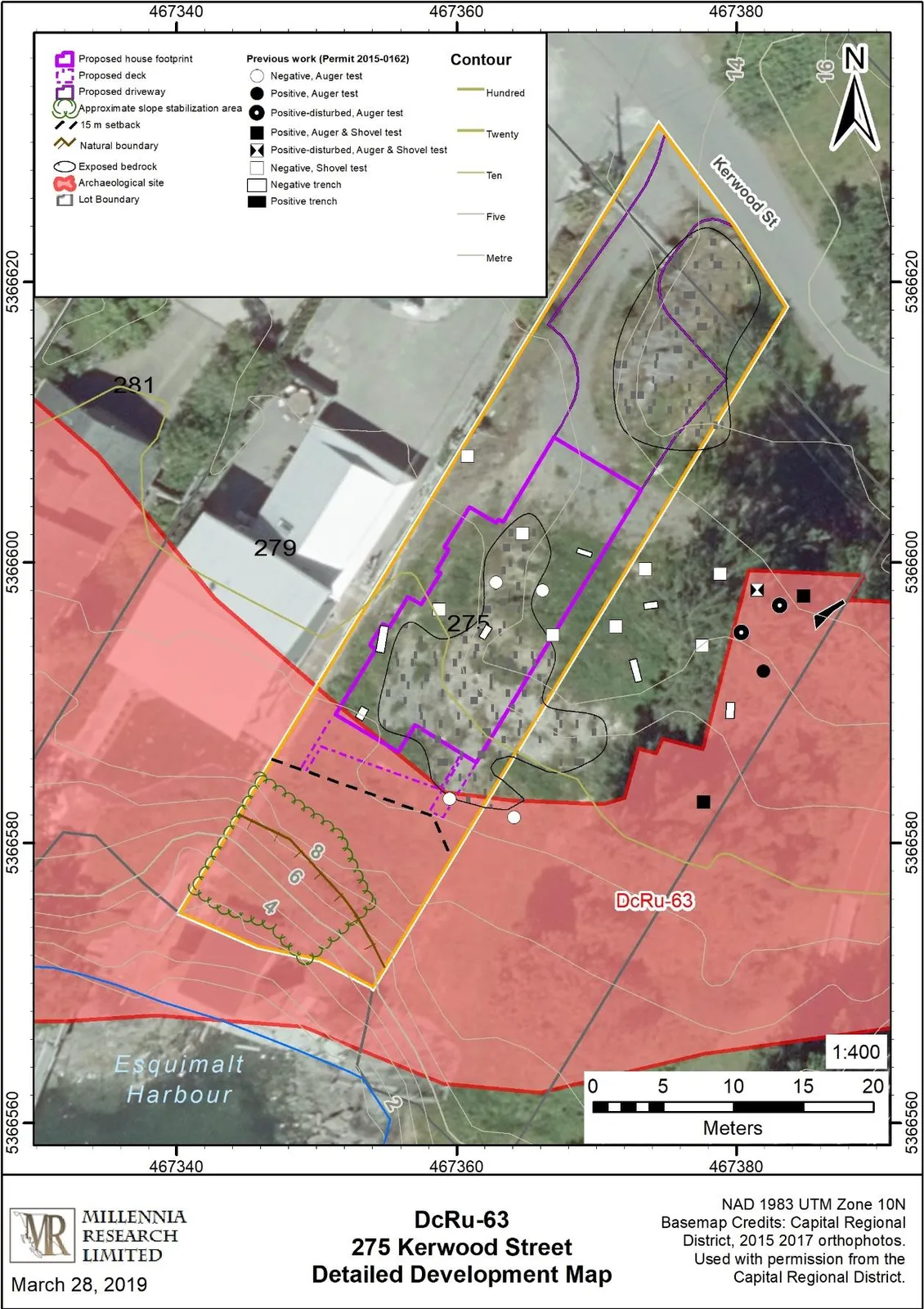 Detailed Development Map for 275 Kerwood Street and archaeological site DcRu-63, illustrating the proposed house footprint, deck, and driveway in relation to the archaeological site boundary and Esquimalt Harbour.