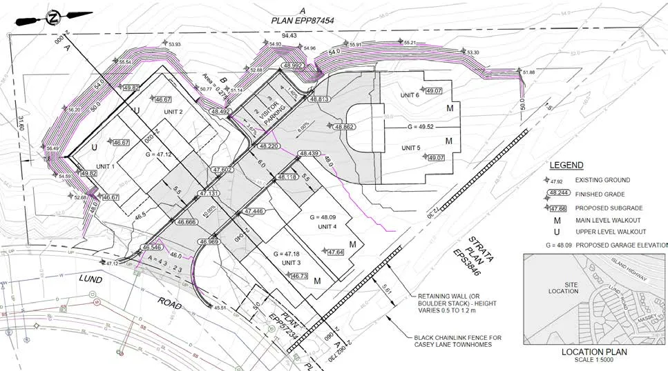 Civil engineering site plan showing building footprints, grading, and site contours