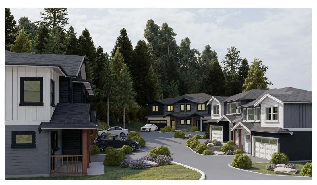 Architectural rendering showing the proposed townhouse buildings and landscaped driveway