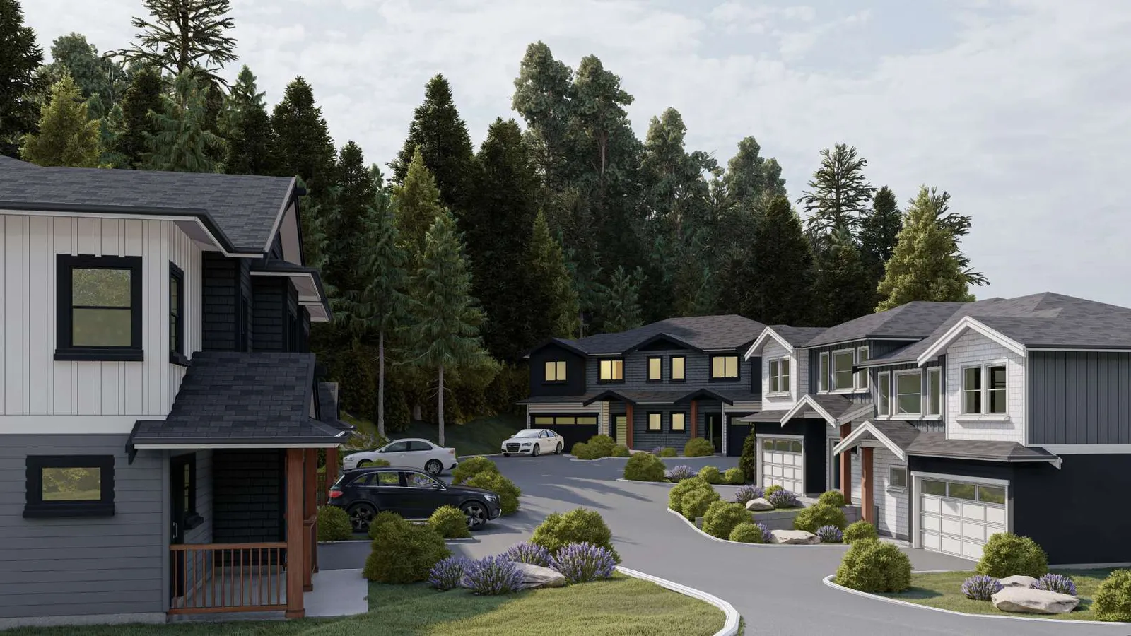 Architectural rendering of the mixed residential development showing the three duplex buildings (Blocks A, B, and C) integrated with landscaped areas, a paved driveway, and perimeter trees.