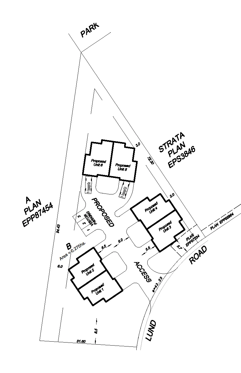 Proposed development site plan for three duplexes on Lund Road