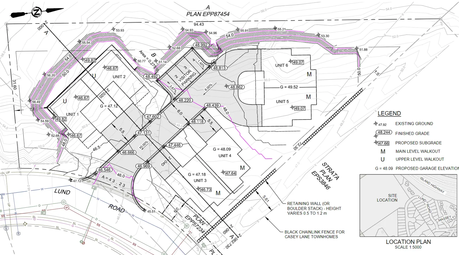 Detailed site plan for 2379 Lund Rd showing the layout of Units 1 through 6, visitor parking stalls, retaining walls, and topographical contours