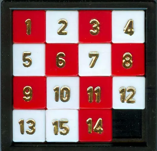 A 15-puzzle slide toy with red and white numbered tiles