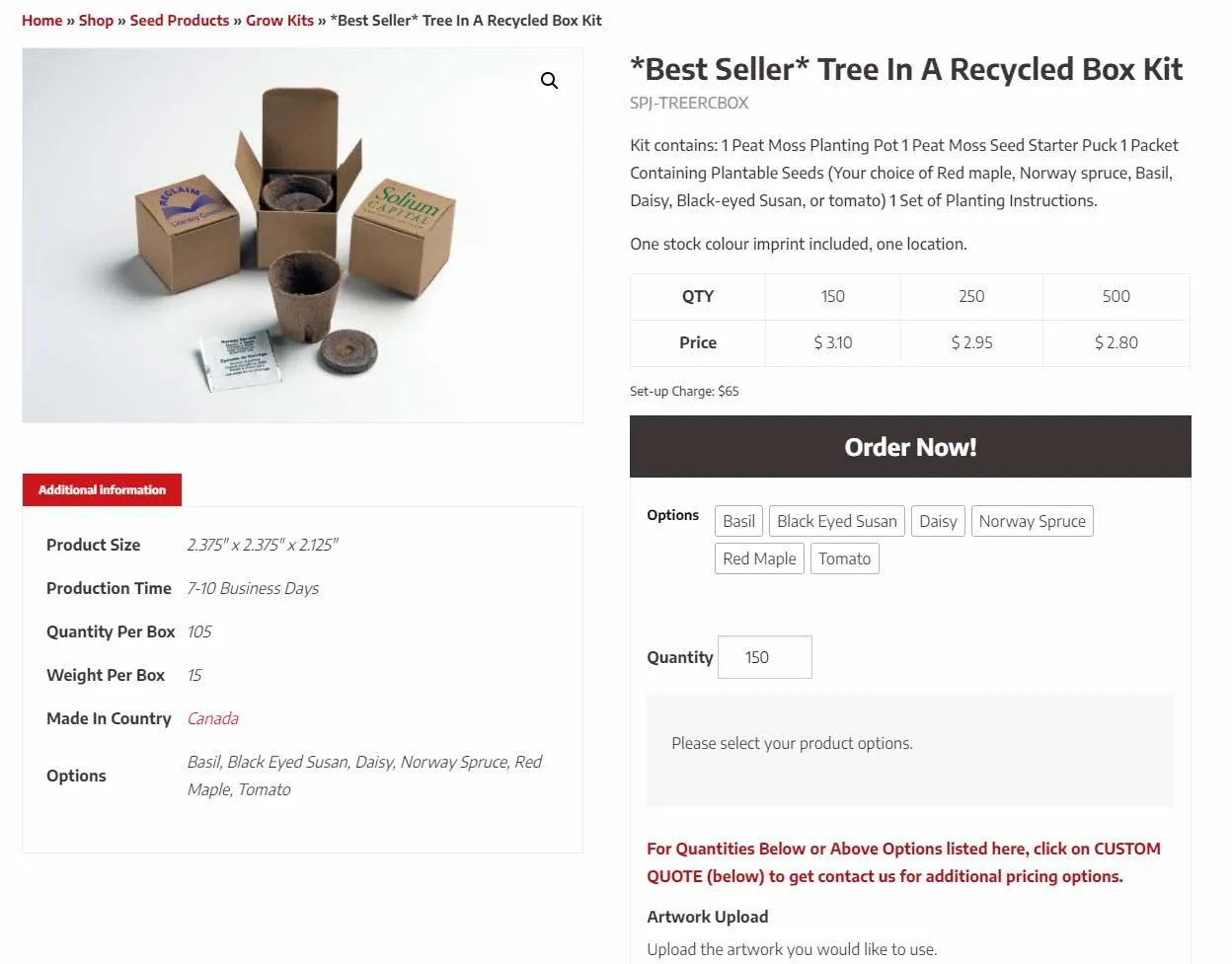 Product website screenshot for "*Best Seller* Tree In A Recycled Box Kit" showing kit contents, pricing tiers, and ordering options.